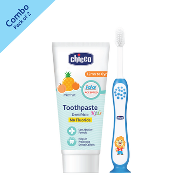 Combo- Toothbrush Blue 3Y-8Y + Tooth Paste Mix Fruit No Fluoride (1Y-6Y) (50g)