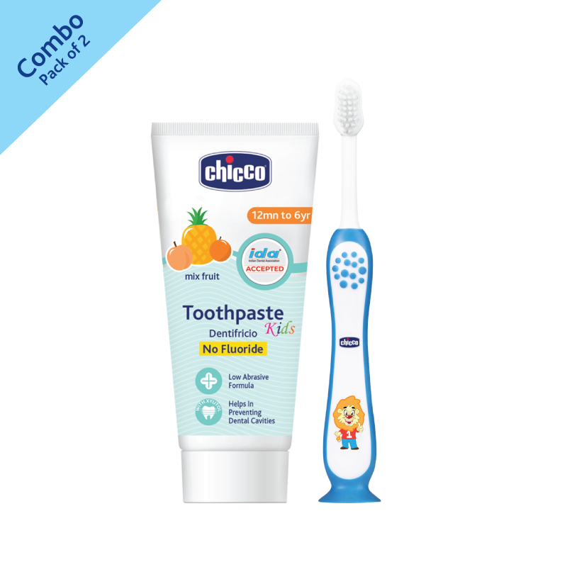 Combo- Toothbrush Blue 3Y-8Y + Tooth Paste Mix Fruit No Fluoride (1Y-6Y) (50g) image number null