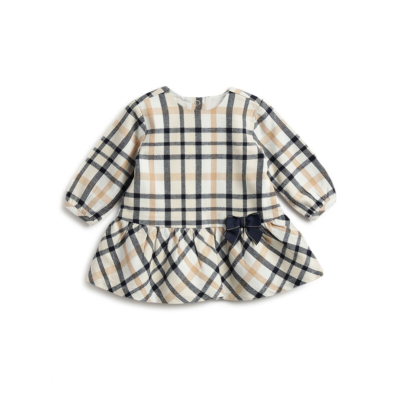 Girls Medium Natural Checked Long Sleeve Dress image number 0
