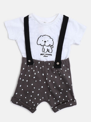 Infants White Printed T- Shirt with Short Pants