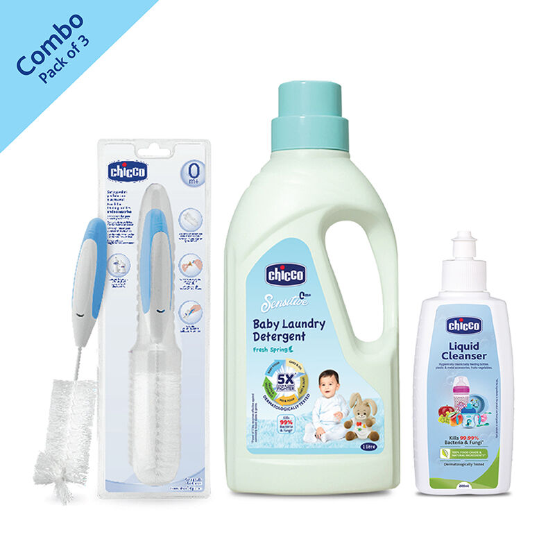 combo-Baby Laundry Detergent (Fresh Spring) (1L)+Liquid Cleanser India 200ml Bottle+ Chicco Bottle Brush (3 In 1) image number null
