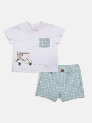 Boys White & Medium Light Blue T-Shirt with Short Pants