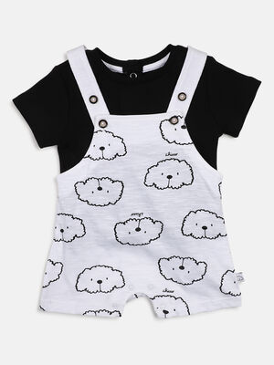 Infants White & Black Printed T- Shirt with Short Dungaree