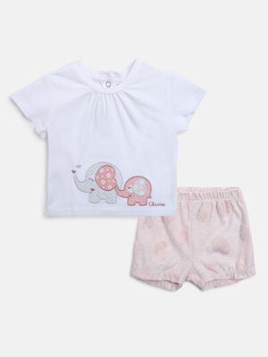 Girls White & Pink Printed T-Shirt with Short Pants