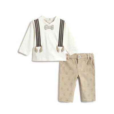 Boys Cream Embellished T-shirt with Long Trouser