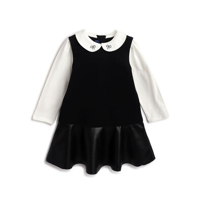 Girls Black and White Solid Long Sleeve Dress