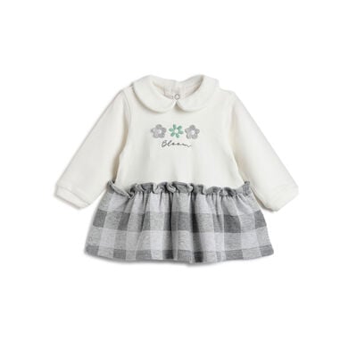 Girls White and Grey Embellished Long Sleeve Dress