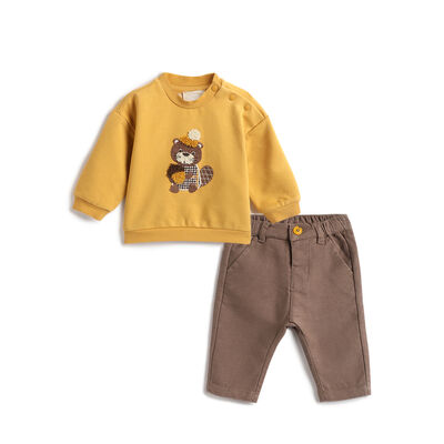 Boys Yellow and Brown Embroidered Sweathirt with Long Trouser