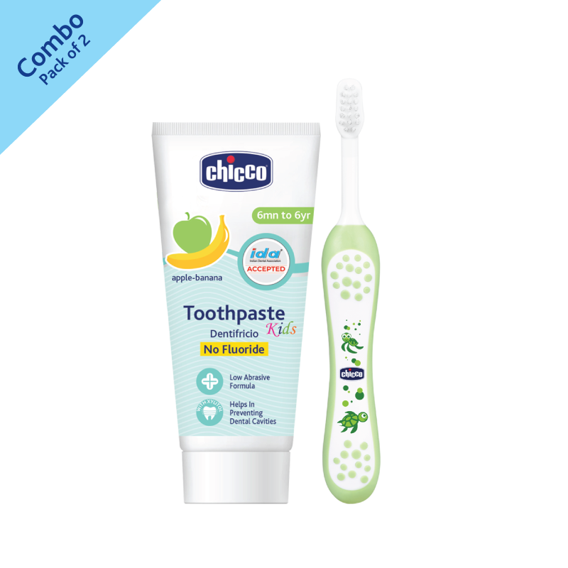 Combo- Toothbrush Green 6M-36M + Tooth Paste Apple Banana No Fluoride (6M-6Y) (50g) image number null