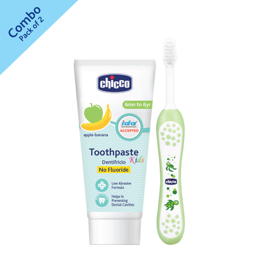 Combo- Toothbrush Green 6M-36M + Tooth Paste Apple Banana No Fluoride (6M-6Y) (50g)
