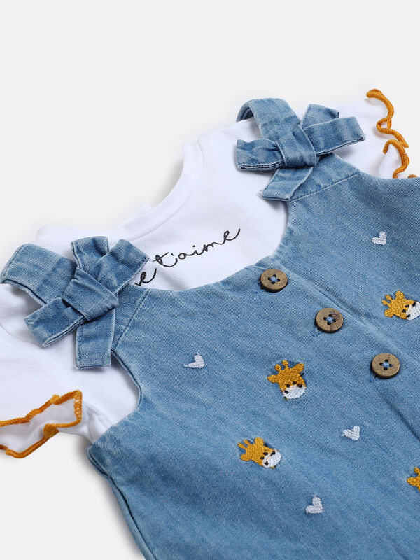 Girls White & Blue Printed T-shirt with Dungaree image number null