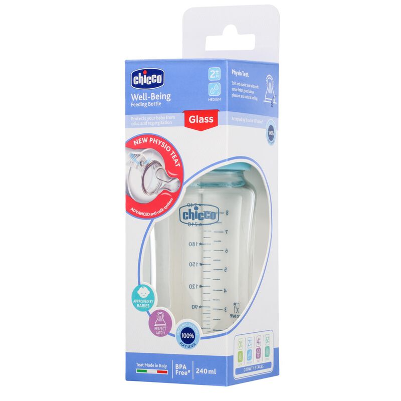 Well-Being Glass Feeding Bottle (240ml, Medium Flow) (Blue) image number 1