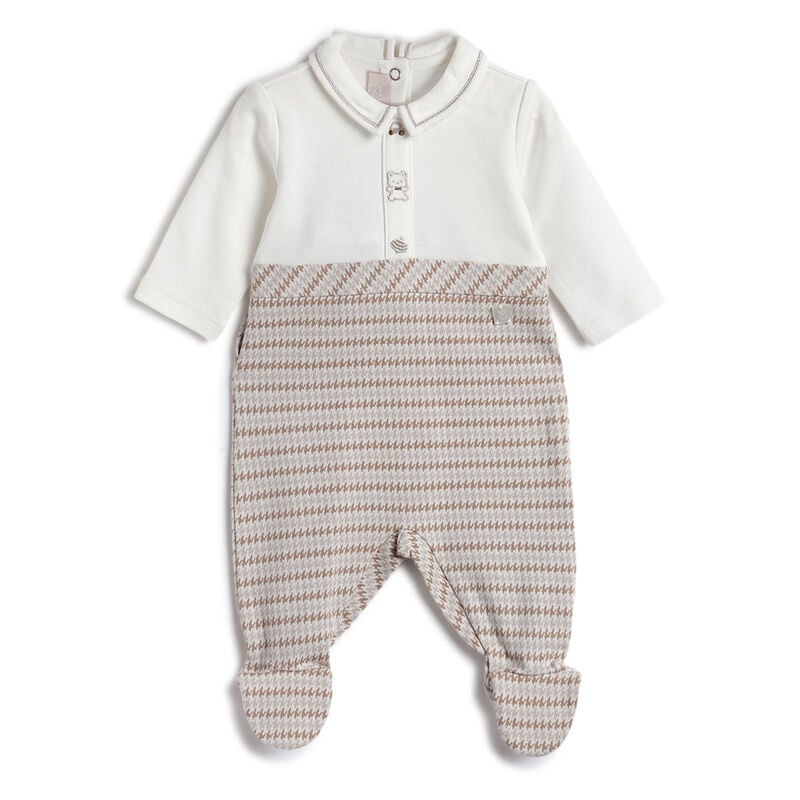Boys Beige Embroidered Nappy opening Babysuit image number 0