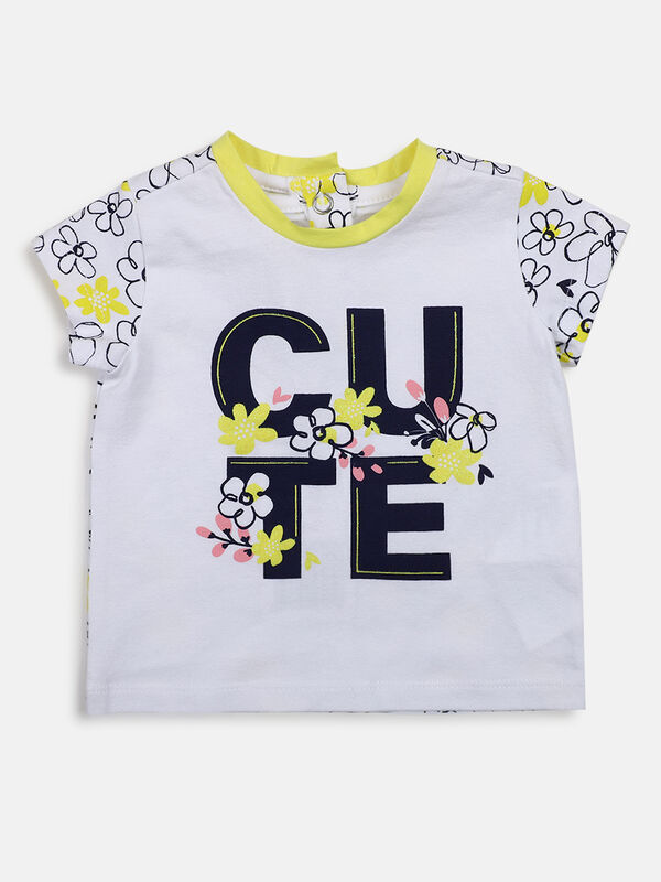 Girls White Printed Short Sleeve Knitted T- Shirt image number null