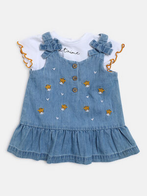 Girls White & Blue Printed T-shirt with Dungaree