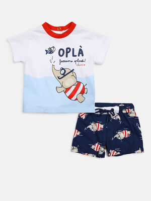 Boys White & Blue Printed T-Shirt with Short Pants