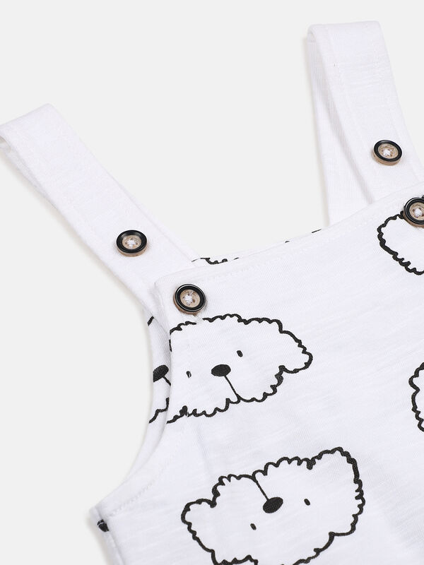 Infants White & Black Printed T- Shirt with Short Dungaree image number null