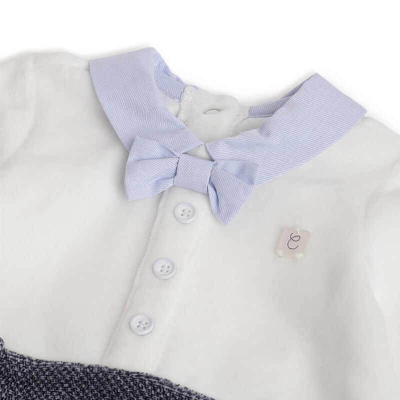 Boys White and Blue Colorblocked Leg Opening Babysuit image number 2
