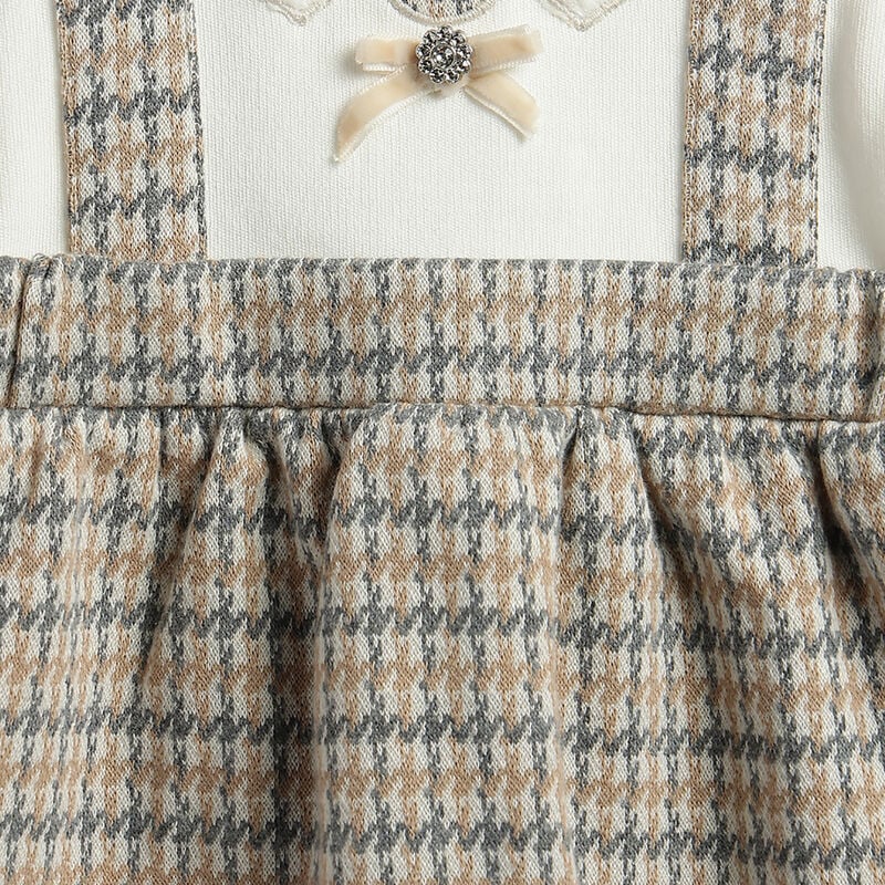 Girls White and Beige Checked Long Sleeve Dress image number 4
