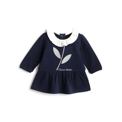 Girls Dark Blue Printed Long Sleeve Dress