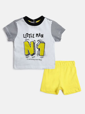 Boys White & Yellow Printed T-Shirt  with Short Pants