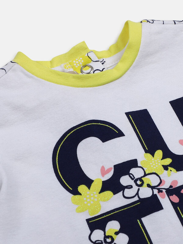 Girls White Printed Short Sleeve Knitted T- Shirt image number null
