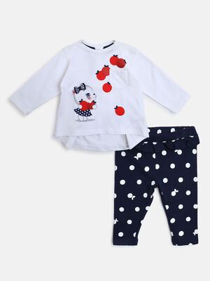 Girls White Printed Long Sleeve T-shirt with Legging