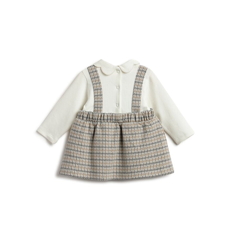 Girls White and Beige Checked Long Sleeve Dress image number 1