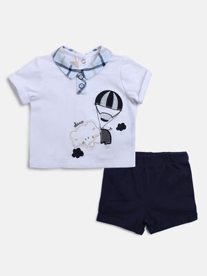 Boys White & Blue Printed Polo with Short Pants