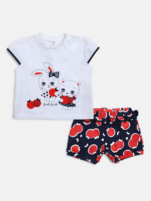 Girls White & Red Printed T-Shirt with Short Pants
