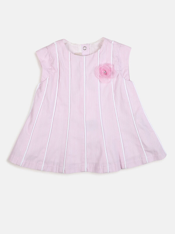 Girls White & Pink Striped Short Sleeve Dress image number null