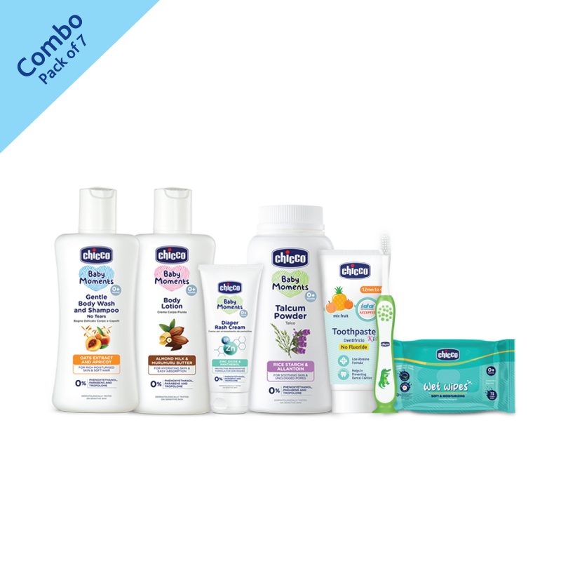 Travel Pack-Gentle Body Wash And Shampoo(100ml)+Baby Body Lotion (100ml)+Diaper Rash Cream (50ml)+Baby Talcum Powder (75g)+Chicco Wet Wipes Sticker 72 Pcs+ Toothbrush Green 3Y-8Y+Toothpaste Mixfuit 1-6Y NOFLUORIDE 50G image number null