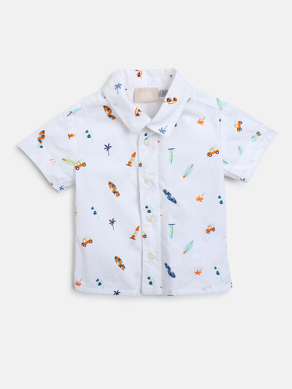 Boys White Printed Short Sleeve Woven Shirt image number null