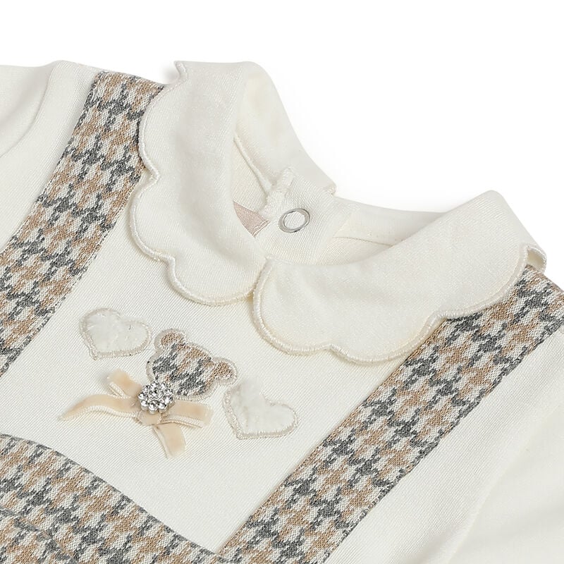 Girls White and Beige Checked Long Sleeve Dress image number 2