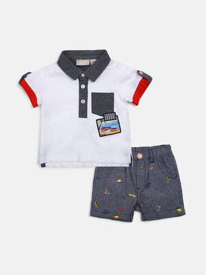 Boys Medium Light Blue Printed Polo with Short Pants