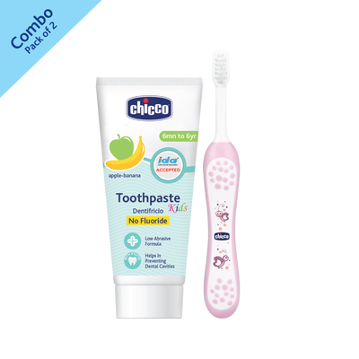 Combo- Toothbrush Pink 6M-36M + Tooth Paste Apple Banana No Fluoride (6M-6Y) (50g)
