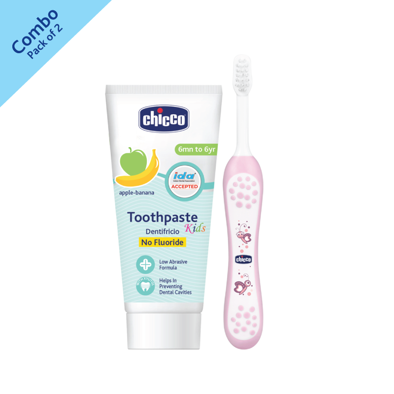Combo- Toothbrush Pink 6M-36M + Tooth Paste Apple Banana No Fluoride (6M-6Y) (50g) image number null