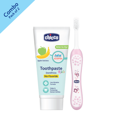 Combo- Toothbrush Pink 6M-36M + Tooth Paste Apple Banana No Fluoride (6M-6Y) (50g)