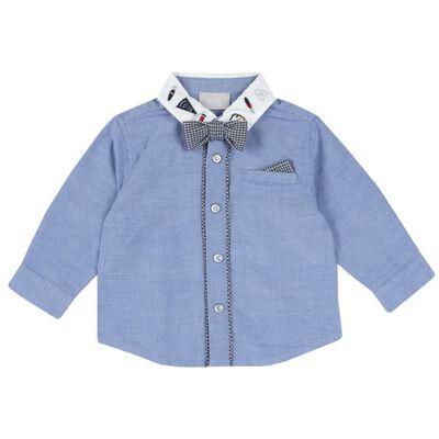 Long Sleeve Oxford  Shirt - Blue , With Bow