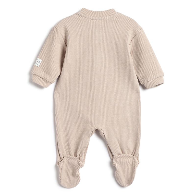Infants Beige Typography Printed Front Opening Babysuit image number 1