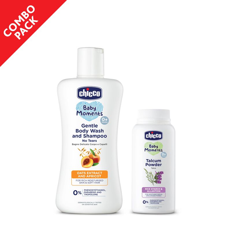 Combo- Chicco Baby Moments Gentle Body Wash And Shampoo, Paraben & Phenoxyethanol free, 0M+ (200ML) + Chicco Baby Moments Talcum Powder for Baby Paraben, SLS & Phenoxyethanol Free, 0M+ (75 g) image number null