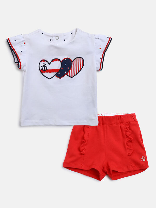 Girls White & Red Printed T-Shirt with Short Pants image number null