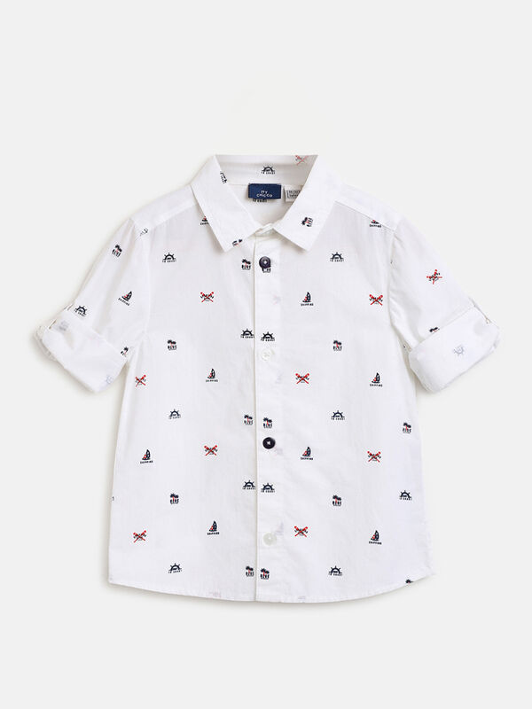 Boys White Printed Long Sleeve Woven Shirt image number null