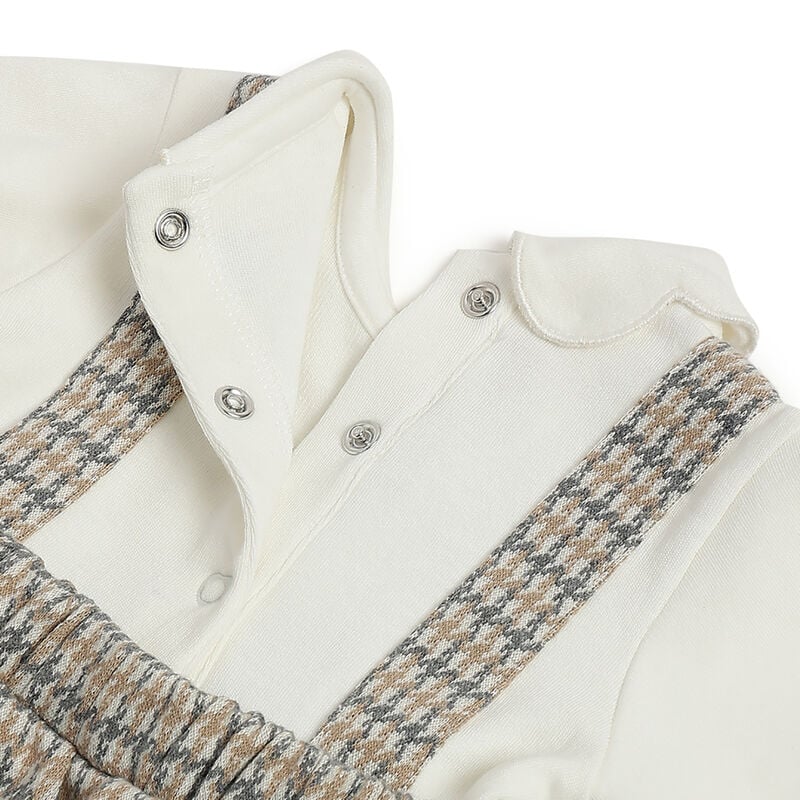 Girls White and Beige Checked Long Sleeve Dress image number 3