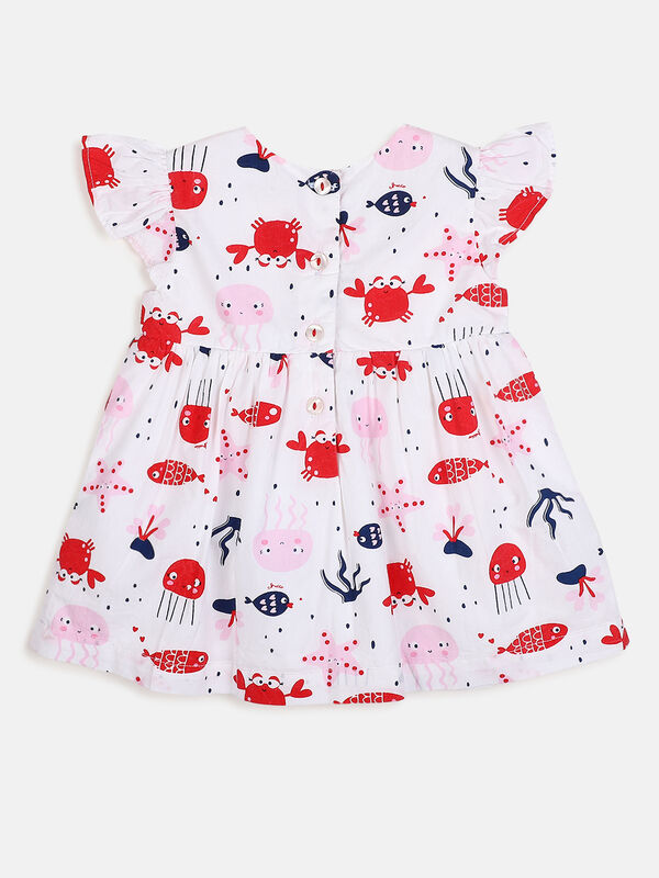 Girls White & Red Short Sleeve Printed Dress image number null