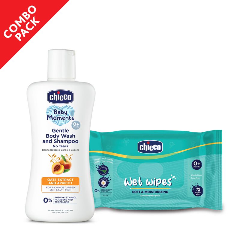 Combo- Chicco Baby Moments Gentle Body Wash And Shampoo, Paraben & Phenoxyethanol free, 0M+ (200ML) + Chicco Baby Moisturizing Wet Wipes with Aloe Vera and Chamomile (72 Wipes) image number null