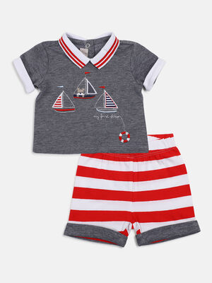 Boys White & Red Printed Polo with Short Pants