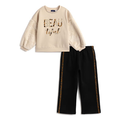 Girls Self Designed Beige Sweatshirt with Long Trousers
