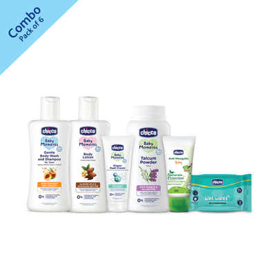 Travel Pack-Gentle Body Wash And Shampoo(100ml)+Baby Body Lotion (100ml)+Diaper Rash Cream (50ml)+Baby Talcum Powder (75g)+Chicco Wet Wipes Sticker 72 Pcs+ Anti-Mosquito Baby Gel (50ml)