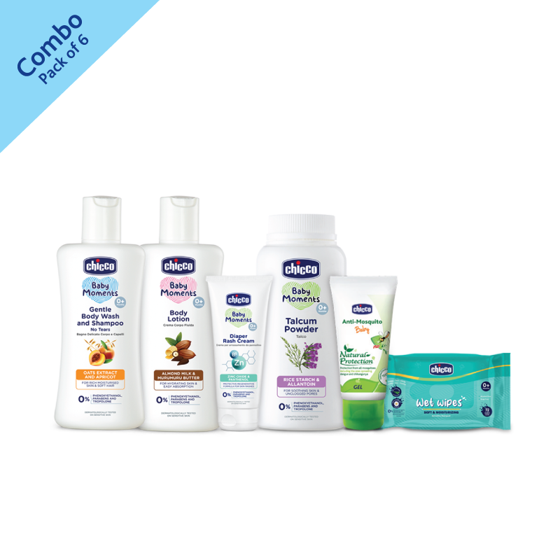 Travel Pack-Gentle Body Wash And Shampoo(100ml)+Baby Body Lotion (100ml)+Diaper Rash Cream (50ml)+Baby Talcum Powder (75g)+Chicco Wet Wipes Sticker 72 Pcs+ Anti-Mosquito Baby Gel (50ml) image number null